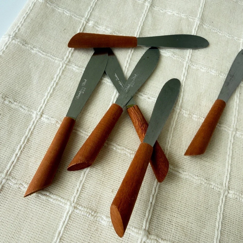 Vintage MCM Set of 6 Wood Handle Butter Spreaders Stainless Steel Japan 4.5 inch